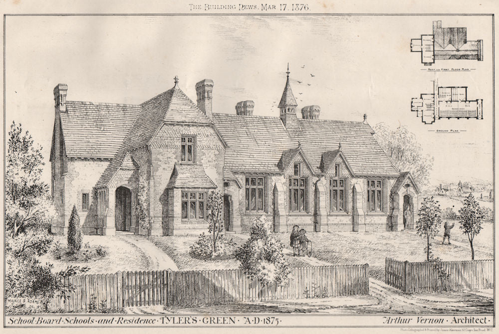 School Board Schools & residence, Tyler's Green, Buckinghamshire 1876 print